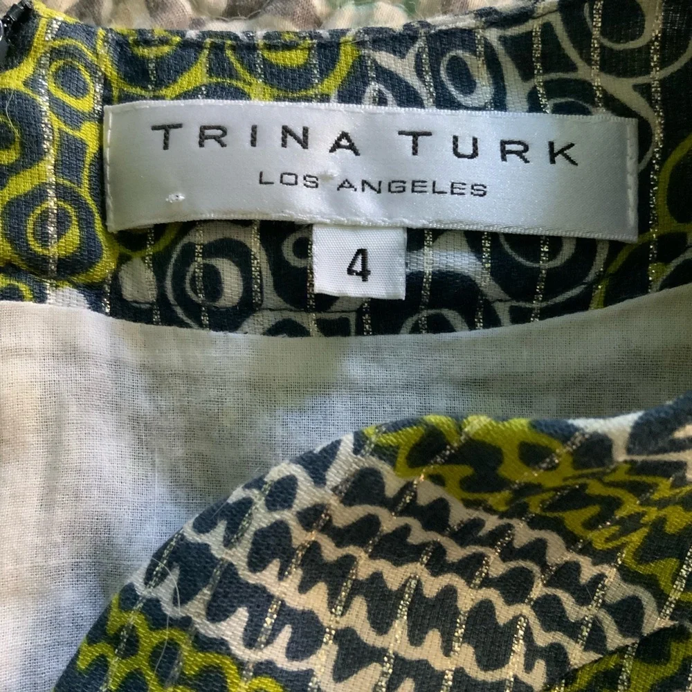 Trina Turk Pasadena Metallic Jacquard Shift Dress Green Blue Geometric Size 4 - Picture 2 of 6